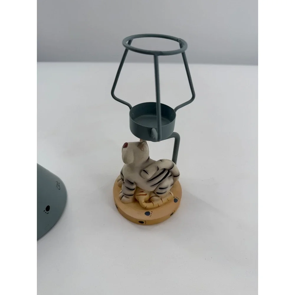 Crazy Mountain Cat Tea Light Candle Holder Blue Whimsical Figurine